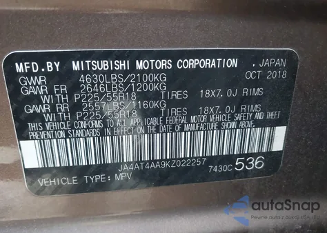 2019 Mitsubishi Eclipse Cross Le из США, поврежденный, VIN JA4AT4AA9KZ022257